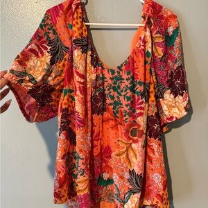 LOFT Vibrant Floral Blouse in Orange and Red